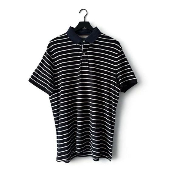 Tommy Hilfiger Striped Navy & White Polo Shirt Men's Large - Picture 1 of 8